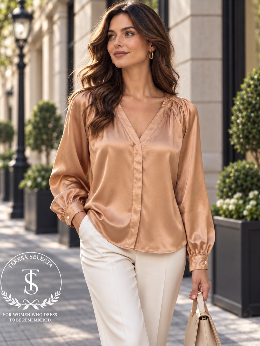 NWT Rails Sandra Camel V-Neck Satin Blouse Long Sleeve Size L